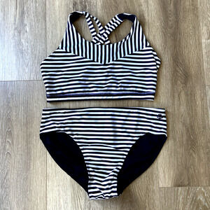 Coolibar Bikini Women Sz L Black White Stripped Sun Protective UPF 50+